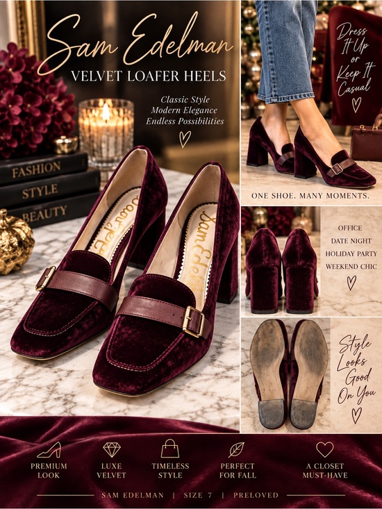 Sam Edelman Shoes - Sam Edelman Burgundy Velvet Loafer Pumps Size 7 Block Heel Preppy